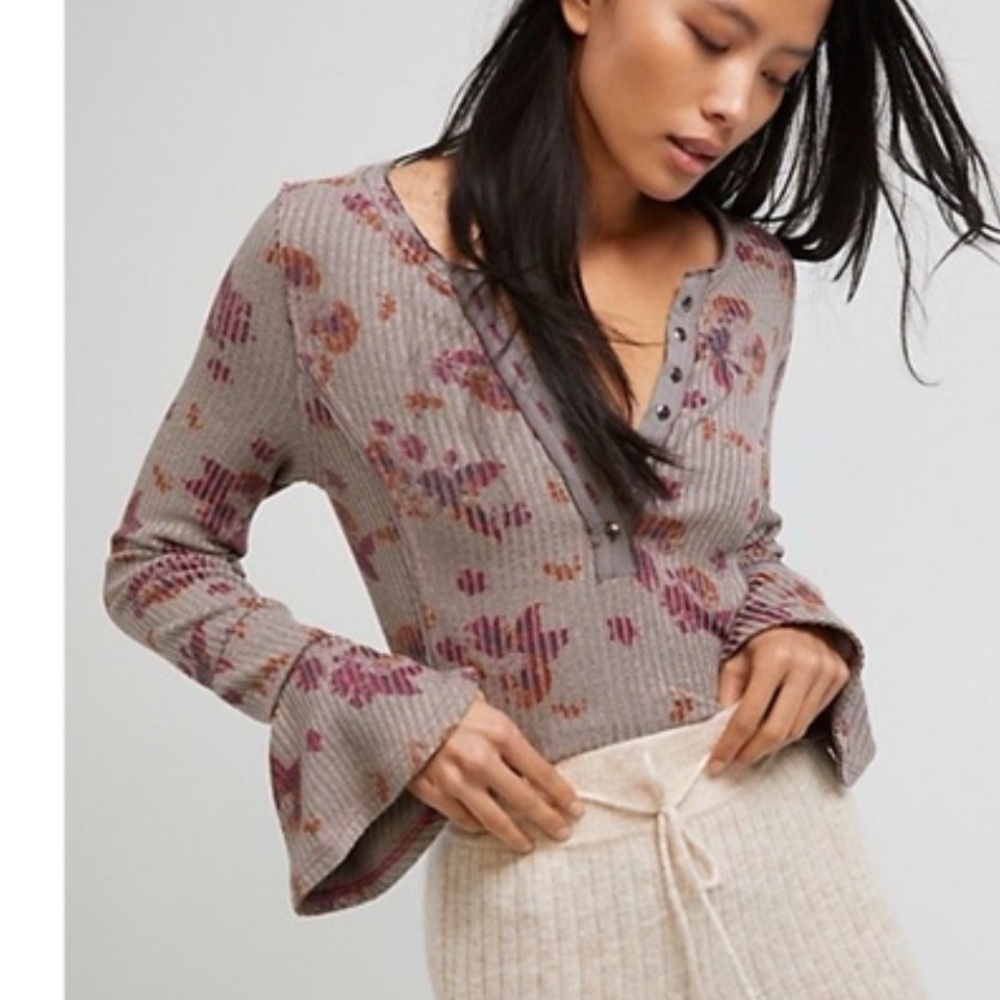 Free People Layer Me Henley Blossom Pattern Thermal Knit Ribbed Long Sleeve XS